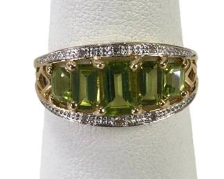 14K Yellow Gold Emerald Cut Peridot & Diamond Ring