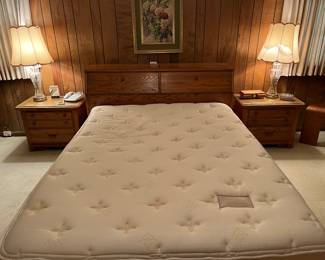 Queen size oak headboard, and rails $200 queen mattress and box spring $95 no stains. Pair of oak end tables $145 includes glass on top.