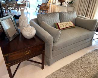 Drexel heritage single drawer end Table $100 each (3 available)
Like new custom made gray loveseat, accented with tan and brown design on the pillows excellent condition!!! Two available $345 each