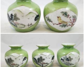 Five Japanese Green Glazed Satsuma Landscape Vases
