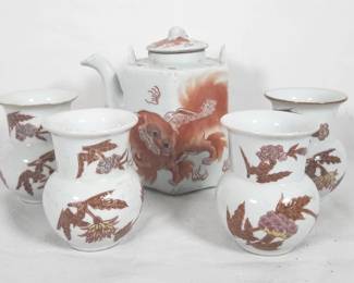 Chinese Red & White Vases & Tea Pot