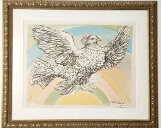 Pablo Picasso Pencil Signed Rainbow Dove of Peace