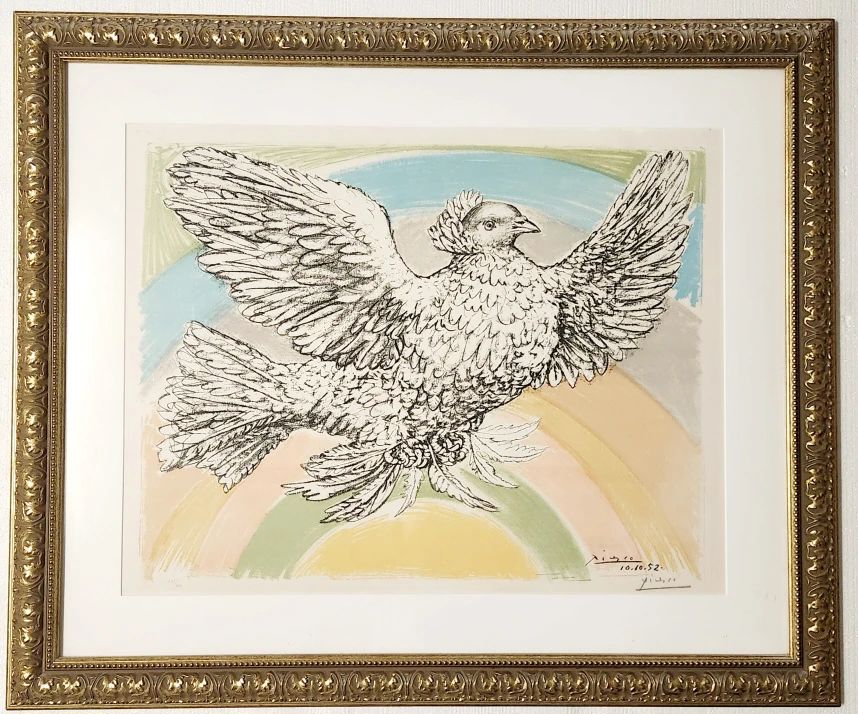 Pablo Picasso Pencil Signed Rainbow Dove of Peace