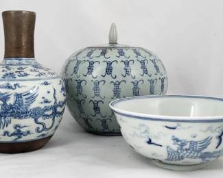 3 Blue & White Chinese Phoenix Porcelain Pieces