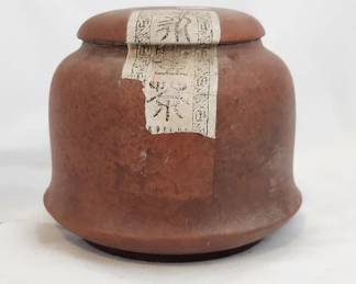 Chinese Red Ceramic Apothecary Jar with Label