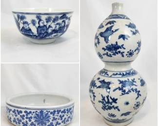 Chinese Blue & White Porcelain Vase & Bowls