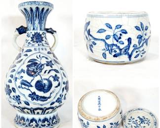 Chinese Blue & White Handle Vase & Fish Box