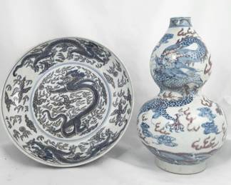 Chinese Dragon Porcelain Dish and Vase