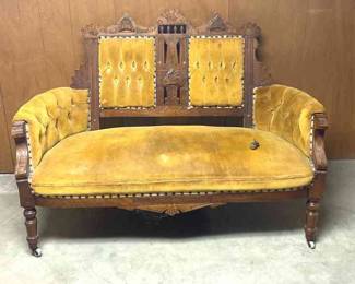  01 Victorian Loveseat On Casters With Mustard Fabric And Carved Wood
