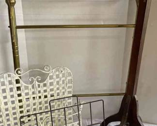 Brass Clothing Rack, Two Metal Magazine Baskets, And Antique 64 Tall Hat Rack 