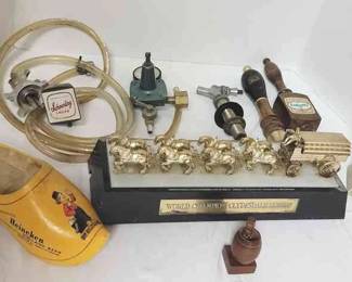 Clydesdale Horses On A Mantle, Heineken Dutch Shoe, Schlitz And Labatts Tap Handles And Accessories For A Keg