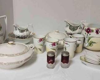 Floral Decorative Teapot From Germany, Ridgeway Creamer, Nippon Large Pitcher And Matching Cups And More 