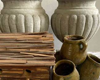 Outdoor Lawn Decor Matching Cement Urns, Cluster Of Pots, And Handmade Birdhouse