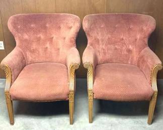 Pair Of Pink Sitting Chairs With Carved Wood 
