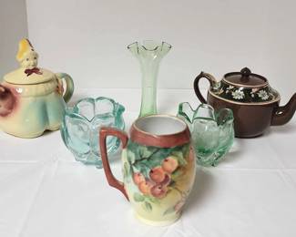 Royal Stanley Teapot And Colored Glass