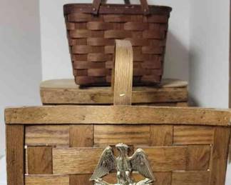 Vintage Basketville Lg Wooden Trug Basket W Golden Eagle And Two Basketville Picnic Baskets 