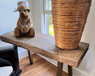 Wooden Side Table, Carved Bear and Basket