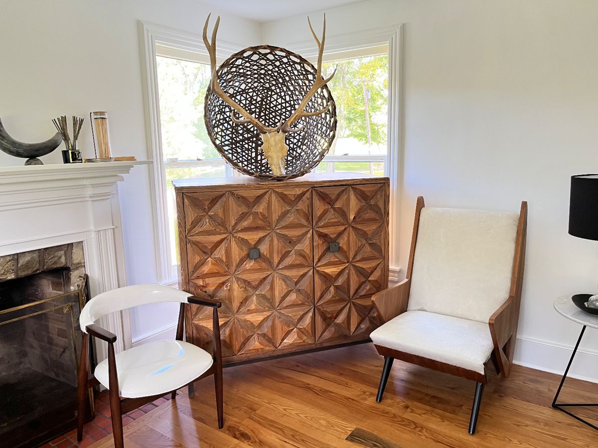 Modern Sideboard 50" H x 53" W x 24" D, Large Basket, Deer Skull and Antlers