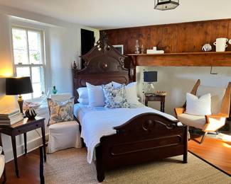 Full sized Victorian Bed Frame with Organic Mattress, Designer Chairs (some items in photo may not be part of the sale)