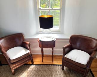 RH Distressed Leather Chairs with Reversible Cushions