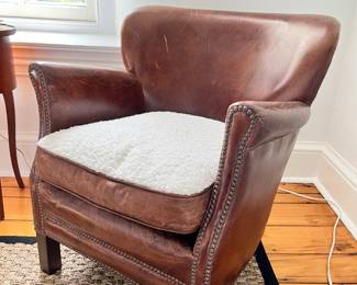 (Pair) RH Distressed Leather Chair with reversible cushion
