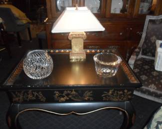 Cool Black table, Crystal pieces and Small gold lamp