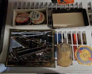 #7544 • GoodRich & Chevorlet Badges, Hydramatic Division Of General Motors Corp Plate, & Box Of Pins
