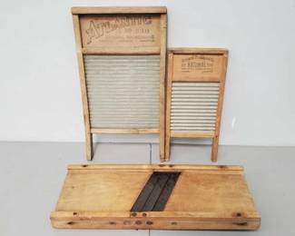 #607 • Antique Vegtable Chopper, Wood & Metal Washboard, & Glass & Wood Washboard
