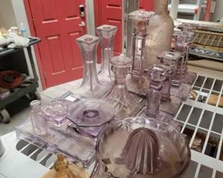 #672 • Glass Candle Holders, Bottles & Fruit Strainer
