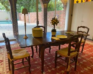French Provincial Parquetry table - extended refectory
Four French Prov. Rush Seat chairs with cushions