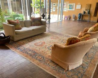 Oushak, pair of  club chairs, nice down cushion sofa , great pairs of tapestry pillows 