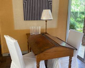 Antique pine slant desk, four parson chairs