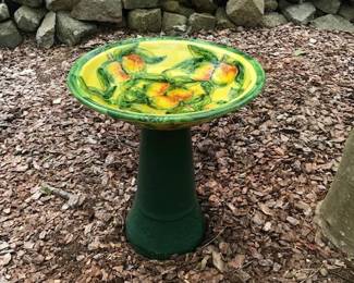 Hand painted bird bath PLUS many bird items.  Bird houses, feeders, etc.