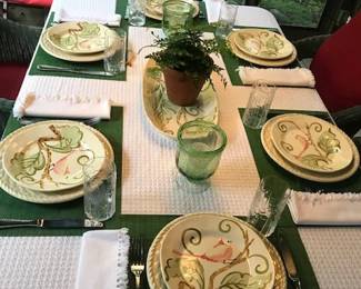 Discontinued Vietri- made in Italy, Carmela pattern.  Hard to find. 7 dishes with "Bombay" basket weave chargers.