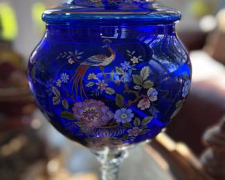 Cobalt blue art glass covered dish