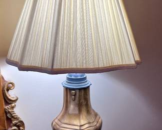 Brass and wood table lamp