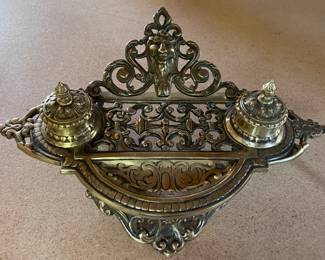 Vintage brass double well inkwell