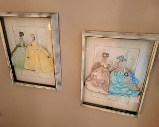 Much artwork!! Pair "La Mode Illustree" framed print and fabric boxes