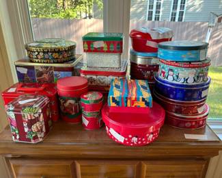 Christmas tins on back porch