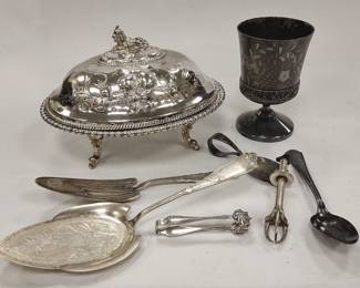 VICTORIAN SILVER PLATED BUTTER DISH WITH GOAT FINIAL.  OTHER ANTIQUE PLATED ITEMS