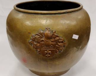 BRASS JARDINIERE - DOVETAIL CONSTRUCTION, COPPER MEDALLION