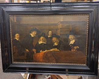  description : PRINT ON CANVAS OF REMBRANDT'S "THE SYNDICS" PAINTING. DEPICTING FIVE MEN GATHERED AROUND A TABLE, OFFICERS OF THE AMSTERDAM DRAPERS' GUILD