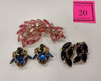 Rhinestone brooch and two pairs clip earrings
