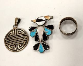 HIGHLANDER STERLING PENDANT, SIZE 8 STERLING BAND RING, UNMARKED STERLING 1.75" TALL BIRD PIN