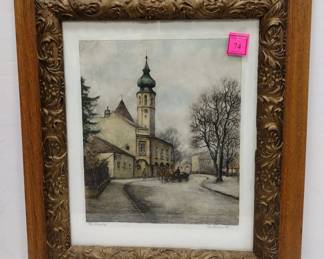 COLORED ETCHING OF EUROPEAN STREET. PENCIL SIGNED