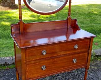 1920-30s TWO DRAWER CHEST WITH MIRROR, INLAID TOP