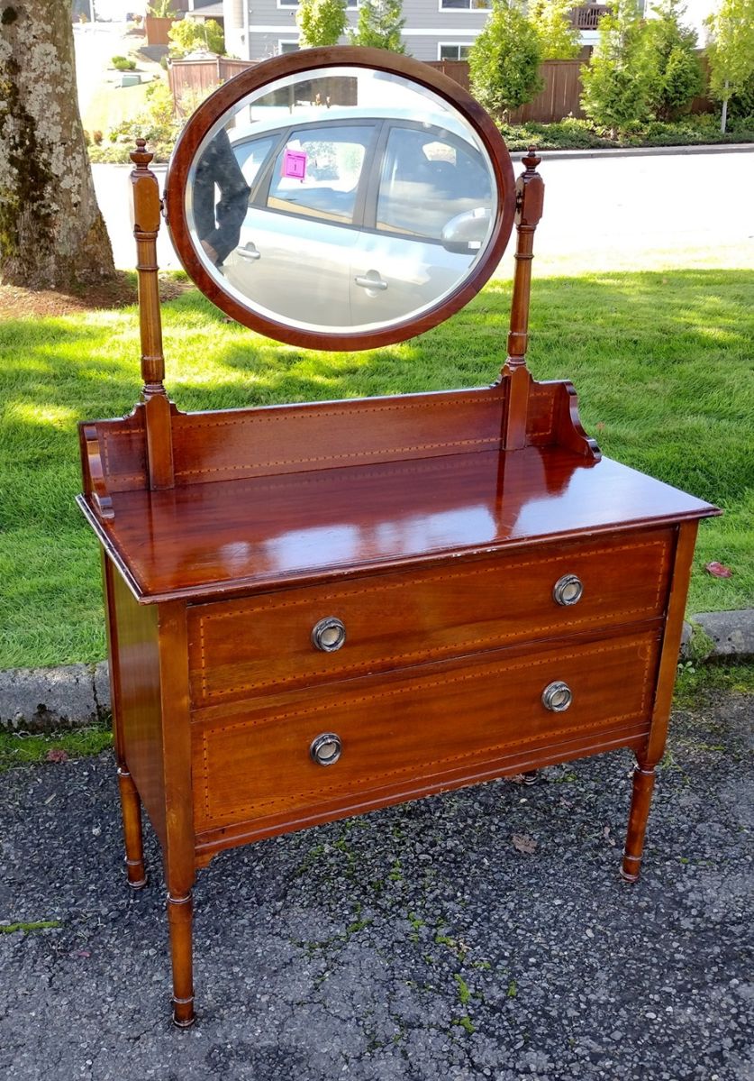 1920-30s TWO DRAWER CHEST WITH MIRROR, INLAID TOP