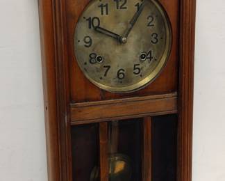ANTIQUE WALL CLOCK, 28" TALL. RUNS AND CHIMES. SOUNDS LIKE AN OLD DOOR BELL