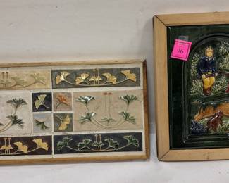 TWO FRAMED TILES, LARGEST IS MEREDITH ART TILE SB# 70E GINKGO EFFECT