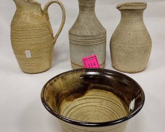  WYNNE STUDIO POTTERY: BOWL AND THREE DECANTERS